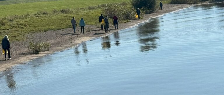 Rijnjutters lopen langs het strand van de Rijn in Duiven/Westervoort